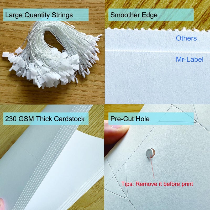 MR-LABEL 250 Printable Blank Tags with String, 2" x 3.5", 230GSM Matt White Micro-Perforated Cardstock for Clothes Tags, Price Tags, Gift Tags - Image 4